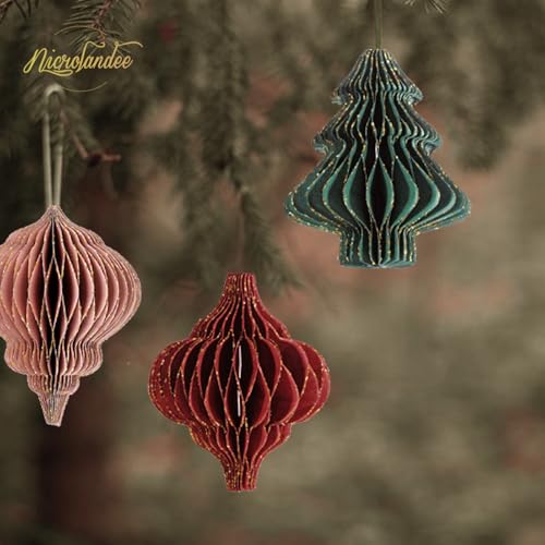 NICROLANDEE 6PCS 3D Mini Glitter Edge Paper Honeycomb Christmas Hanging Ornaments for Xmas Party Favor, Christmas Tree Ornaments, New Years Party, Holiday, Home Decor