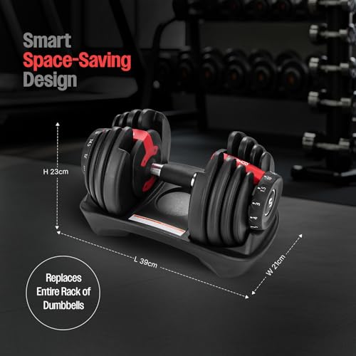 Image of Sparnod Fitness SAD-16 Adjustable Dumbbell 16kg, 12 Gear Quick Adjustment Digital Dial, High-Strength Steel, Nylon & Soft Rubber, 8 Safety Locks, Non-Slip Handle, Base Tray, Full-Body Strength Training