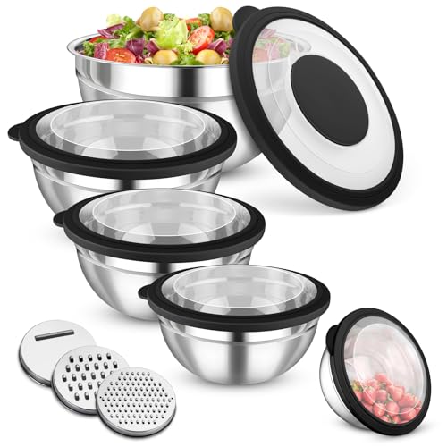 Onader Rührschüssel 5er Set, Edelstahl Salatschüssel mit Deckel & 3 Reibeaufsätzen, Metall Servierschüssel für die Küche Mischen, Backen, 4,5L/3L/1,5L/1,2L/0,7L, Spülmaschinenfest, Schwarz