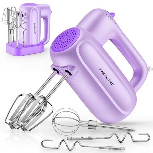 BAIGELONG Hand Electric Mixer, 5-Speed KitchenMixer with 5 * 304 Stainless Steel Attachments + Storage Base, Food Handheld Mixer for Baking, Whipping Cream, Cake Mixing, Purple