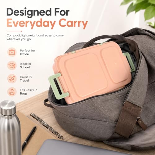 Image of Premium 2 Compartment Stainless Steel Lunch Box with Airtight Leakproof Lid | Durable Food Storage Bento Box with Secure Lock Clips (Pink Color)