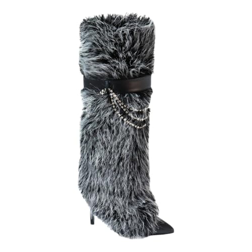 Liliana Women Knee High Pointed Toe Stiletto heel fluffy fur boots