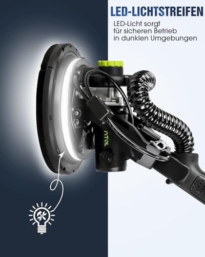 Trockenbauschleifer 900W, Wandschleifer & Deckenschleifer mit Absaugung, 1800 U/min, 6-Stufen Geschwindigkeit, Klappbarer Teleskopstiel, LED-Leuchte, inkl. 12 Schleifblättern