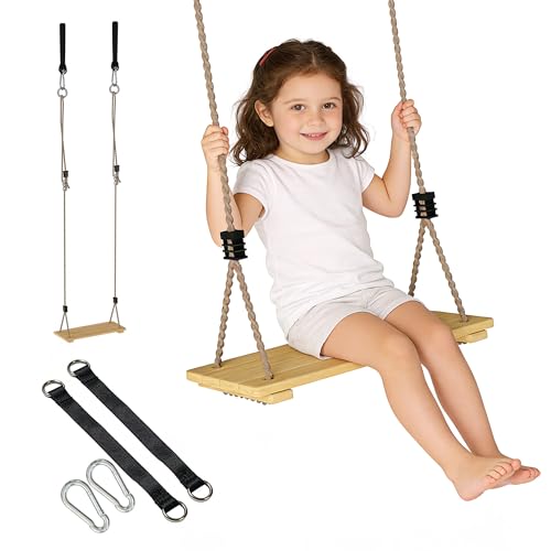 AIYAPLAY Swing Seat Wooden Kids Swing Set with Adjustable Rope and Tree Straps Outdoor Playground Playset for Porch Patio Garden Playground