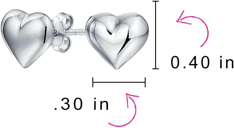 Small Love Heart Shaped Puffed Stud Earrings For Women For Girlfriend Polished .925 Sterling Silver 8MM
