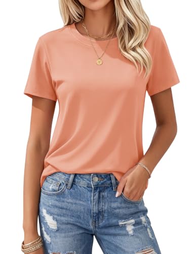 MAGCOMSEN Womens Short Sleeve T Shirt Cotton Shirt Round-Neck Classic-Fit Soft Breathable Tees Basic Casual Tops, Apricot, M