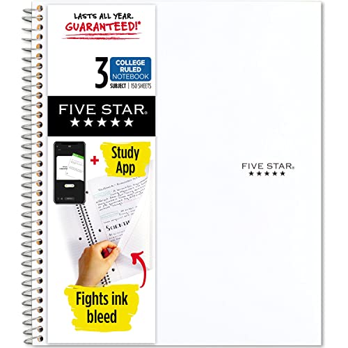 Five Star Spiral Notebook + Study App, 3 Subject, College Ruled Paper, Fights Ink Bleed, Water Resistant Cover, 8-1/2" x 11", 150 Sheets, White (72464) #1