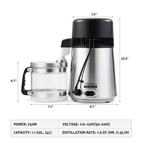 Image of CO-Z Water Distiller 4L Distilled Water Maker with Glass Pot, Brushed 304 Stainless Steel Home Countertop Distiller Water Machine, Distilling Water Purifier Distillers to Make Clean Water