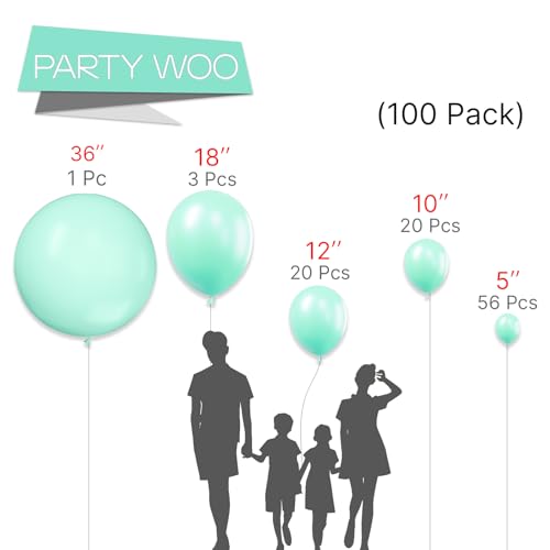 Image of PartyWoo Mint Balloons, 100 pcs Pastel Teal Different Sizes Pack of 36 Inch 18 Inch 12 Inch 10 Inch 5 Inch Pastel Turquoise for Balloon Garland or Arch as Party Decorations, Mint-Q03