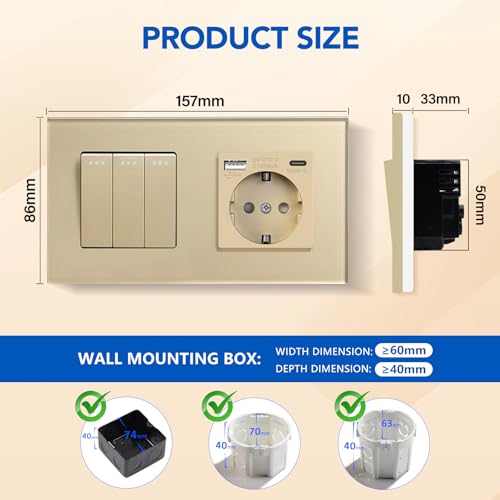 BSEED Lichtschalter mit Steckdose 3 Fach 2 Wege,Wandschalter mit 16A Schuko Steckdose mit USB Anschluss (Max. 2.1A) Typ C Port Gold,Physische Unterputz Wechselschalter mit Steckdose- 157mm