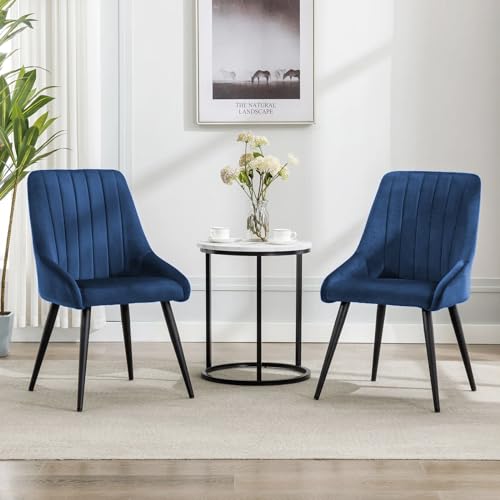 Image of Finch Fox Morris Velvet Dining Chair for Living Room, Bedroom, Home Office with Black Metal Legs in Dark Blue Color