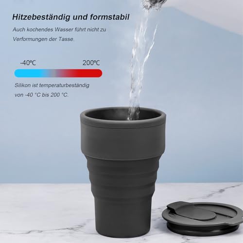Uncle Yang Faltbarer Kaffeebecher 375ml – Zusammenklappbare Silikon Tasse BPA-frei, Auslaufsicherer Reisebecher für Büro, Outdoor, Camping, Pendler – Schwarz
