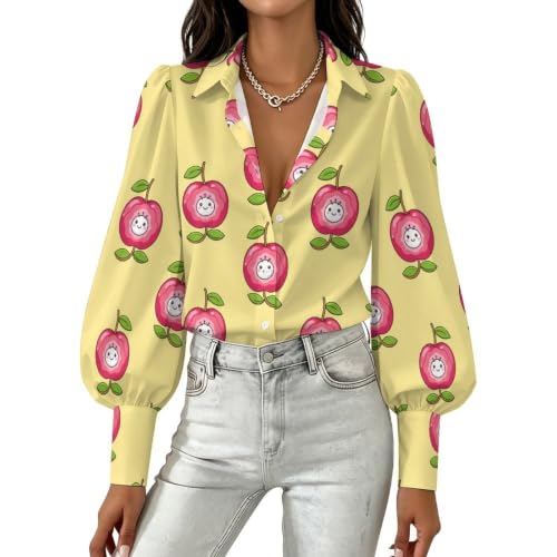 Stylish Women's Collared Long Sleeve Shirt Going Out Kawaii Smiling Apple Fruit Yellow Pattern 2XL