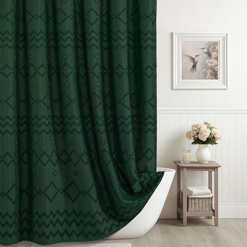 Dark Green Shower Curtain 84 inch Long, Boho Woven Tufted
