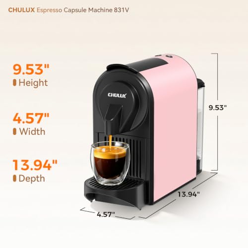 Image of CHULUX Bafe-Pro Compact Espresso Machine 20 Bar for Nes Original Pods, Pink | 1400W Rapid Heating, Espresso Lungo Buttons, Used Capsule Drawer, Auto-Eject System, 24oz Removable Reservoir, Mini Footprint