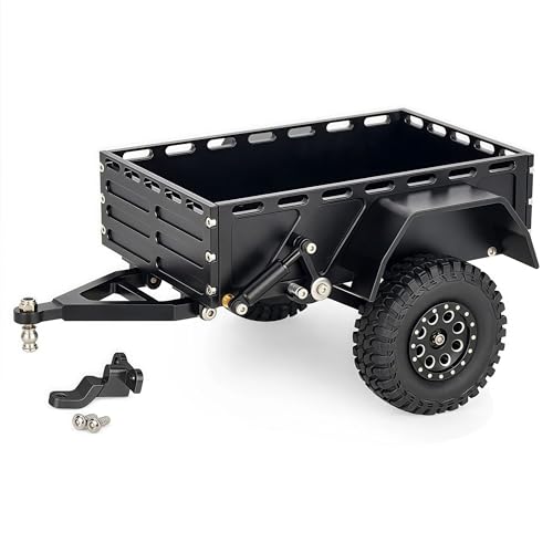 AMK Aluminum 1/18 1/24 RC Trailer, CNC Machined RC Utility Trailer with Ball Head Hitch, 1/18 1/24 Scale RC Crawler Trailer for TRX4M SCX24 Redcat Ascent-18 with Wheels & Suspension (Black)