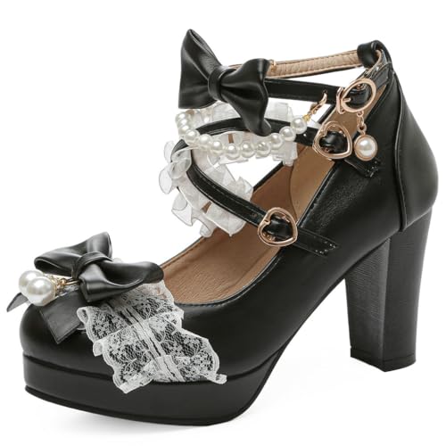DINTAHA Platform Mary Jane Heels Chunky Cute Gothic Lolita Dress Shoes Bow Platform Heels