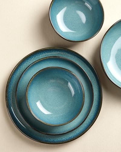 Image of 24 Pieces Dinnerware Set for 6 with Pasta Bowls, Complete Ceramic Dish Set, Stackable & Glossy Stoneware Plate and Bowl Set for Effortless Everyday Hosting, Green Black