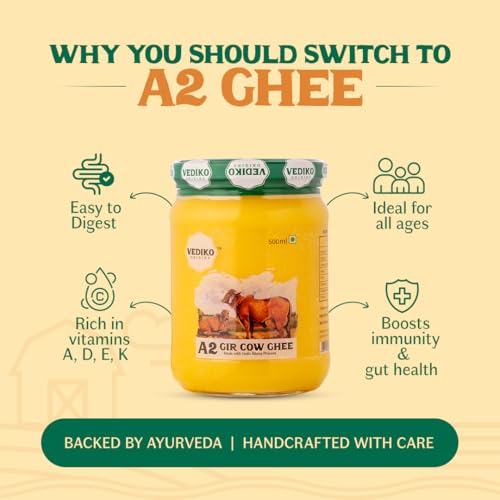 Image of Vediko Origins A2 Gir Cow Ghee | Traditional Bilona Method | Curd-Churned & Firewood-Cooked | Grass-Fed Desi Gir Cows | Danedar, Ayurvedic, Lactose-Free Ghee (500ml)