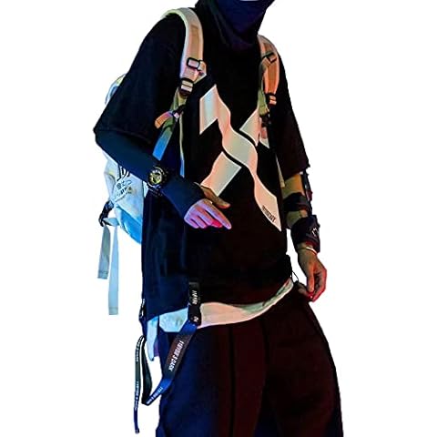 XYXIONGMAO Casual Function Tactical Loose Fake Two Pieces Shirt Summer Techwear Men's Graphic Hip Hop T-Shirts, Black, Medium Cover
