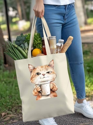 Canvas Tote Bags,Grocery Shopping Cloth Bag Funny Cat Coffee Reusable Shoulder Bags Tote Bag for Travel Work Gym4