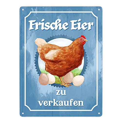 Frische Eier Metallschild XXL in 28x38 cm mit Huhn Motiv für den Bauernladen oder Dekoration am Hühnerstall
