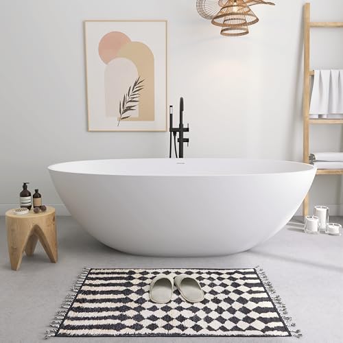 SJ STAR&JANE 71" x 35" SJ STAR&JANE Solid Surface Freestanding Bathtub Stone Resin Oval Soaking Tub Stand Alone Tub with Pop-up Drain & Overflow Matte White