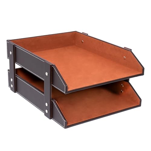 Leather Desk Organizer, Letter Tray Holder with Accessories, 2-Tier Stackable Office Supplies Desktop Storage Box for Documents Notebooks Magazines