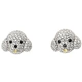Rhodium Plated Sterling Silver Bichon Dog Aminal Stud Earrings Puppy CZ Studs for Women Girls