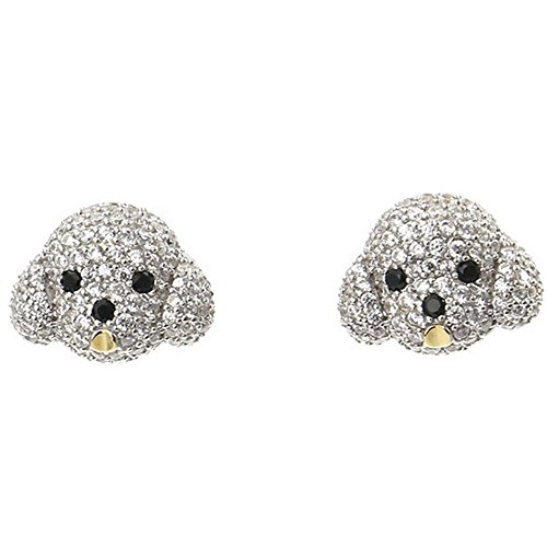 Rhodium Plated Sterling Silver Bichon Dog Aminal Stud Earrings Puppy CZ Studs for Women Girls