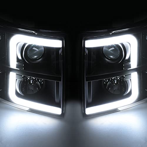 M-Auto Projector L Tube Bar Headlights Compatible With 07 08 09 10 11 12 13 Chevy Silverado 1500/07-14 Silverado 2500 3500 & Hd Models, L+R Pair Head Light Lamp Assembly #TOP3