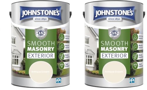 Image of Johnstone's, Exterior Smooth Masonry Paint, Antique White, Up to 15 Years Protection, Weather & Dirt Resistant, 60m² Coverage Per Tin, Dry in 1-2 Hours, 5L (Pack of 2)