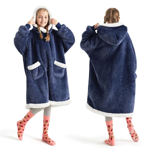 Bedsure Blanket Hoodie, Wearable Blanket for Adults & Kids as Gifts for Women Men, Birthday Gifts for Women Mom Girl Sherpa Oversized Hoodie, Ocean Blue, Kids