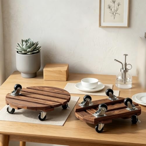 Support de plantes en bois plateau roulant caddy rond mobile - 4