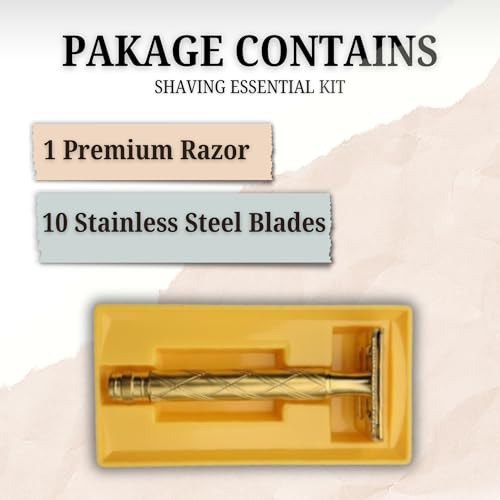 Image of BOSS Premium Safety Razor with 10 Double-Edge Blades for Men - Golden Brass Finish, Men's Shaving kit