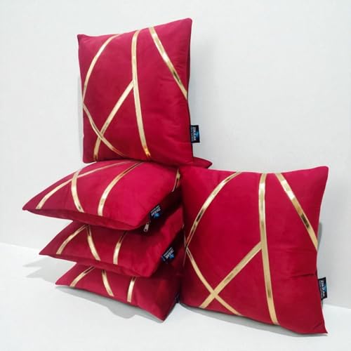 Image of Zikrak Besur Gold Stripe On Velvet|Pack of 5 Cushion Cover|for Home Decoration|Living Room Decor|Hotel Premeuim Quality Cushion Cover|Exclusive ON Amazon (Maroon, 24 X 24 INCH(60 X 60 CM))