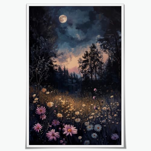 Wildflowers Under Moon Canvas Wall Art Starry Night Garden Meadow Floral Botanical Print Cozy Cottage Decor Stretched Gallery Wrap For Bedroom Living Space Hallway Unframed8x12inch