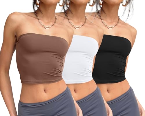 Trendy Queen Womens 3 Pack Summer Tube Tops Crop Going Out Strapless Basic Backless Bandeau Bustier Beach Outfits Black White Coffee S