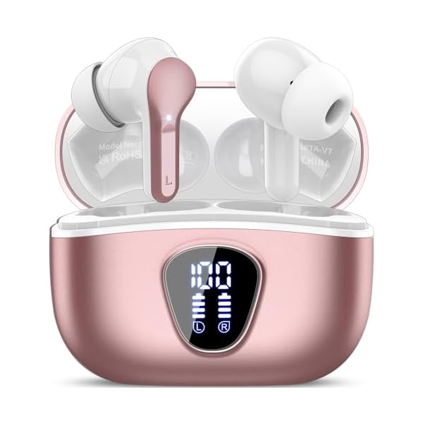 Wireless Earbuds, Bluetooth 5.4 Headphones HiFi Stereo, Bluetooth Earbuds with ENC Noise Cancelling Mic, IP7 Waterproof in Ear Earphones, 48H, LED Display Ear Buds for Pad Phones Workout, Rose Gold