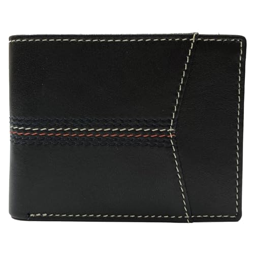 RIVET & BURR Genuine Leather Men’s Bifold Wallet for Men – RFID Blocking, Multi-Color Contrast Stitch – Gift Box, Keychain & Vanity Tray (Black)