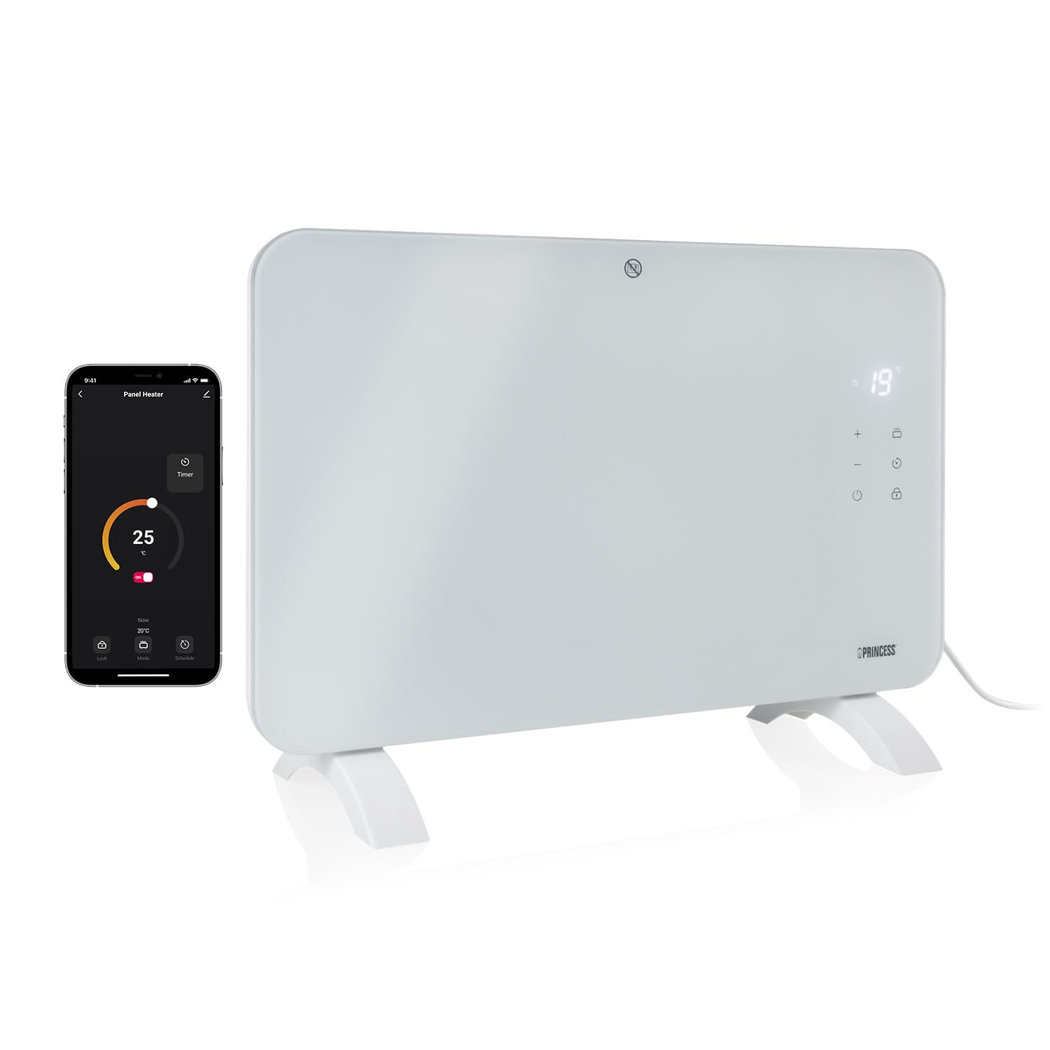 Princess connected electric heater - Convection heating - Manual, app or voice control - Free app - Glass panel - 1000 W - White - 348101