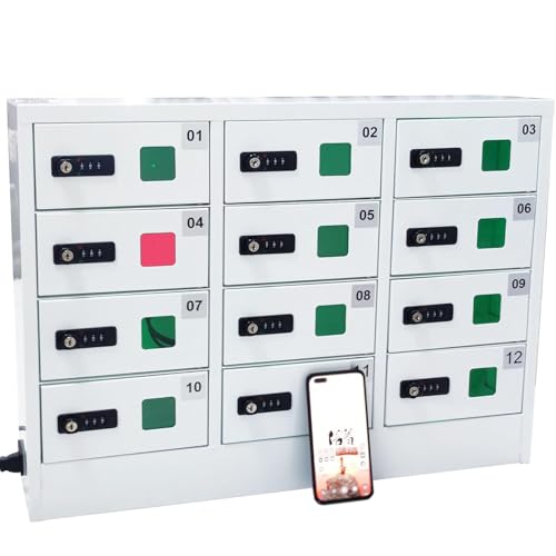 Taquilla para teléfono móvil con cerradura de combinación y estación de carga, 12 ranuras, incluye puertos de carga 3 en 1 para almacenamiento y organización de teléfonos