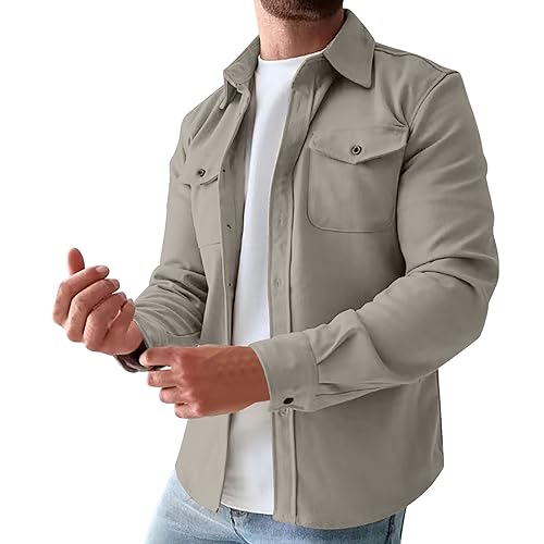 Men's Sherpa Shirt Jacket Flannel Shackets Casual Long Sleeve Button Down Lightweight Shirt Jacket Coats with Pockets