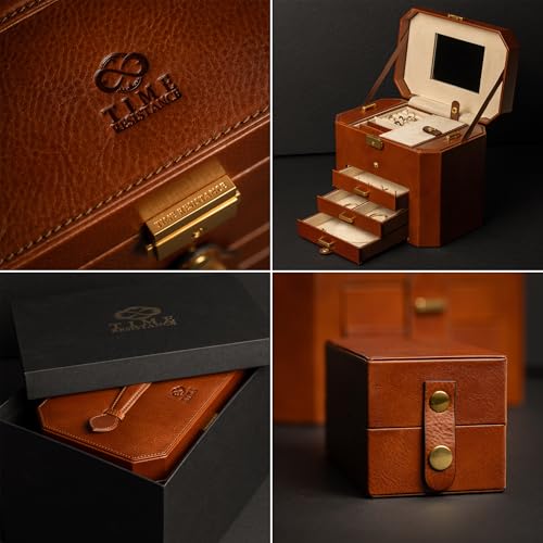 Image of Time Resistance Leather Jewelry Box - Full Grain Leather Jewellery Organizer - Lock Box for Women (Cognac Brown)