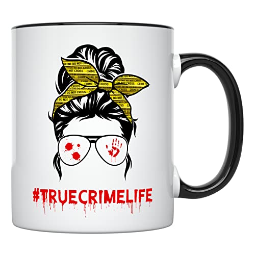 YouNique Designs True Crime Junkie Mug, 11 Ounces, Crime Junkie Merch, True Crime Coffee Mug for Women, True Crime Lovers Cup, True Crime Merchandise, Mug for True Crime Fans (Black Handle)