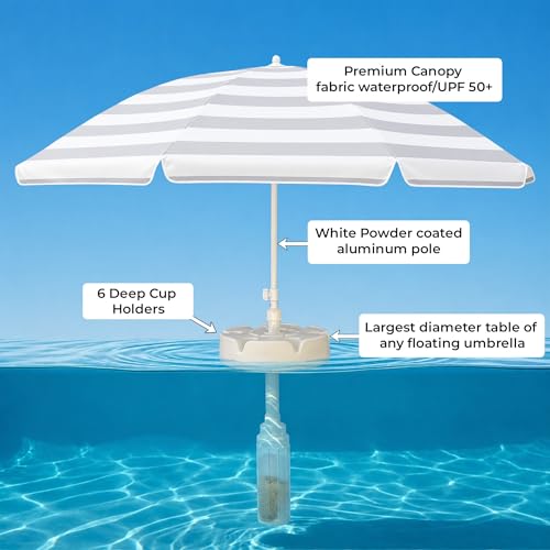 Image of Floating Pool Umbrella provides the perfect shade canopy for the lake, river, beach or the pool! 6 cup holders for your drinks and snacks! Create your own shade oasis with the 7ft diameter sun shade. (SALTED LIME)