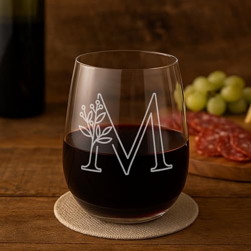 On The Rox Monogrammed Gifts For Women and Men - Letter A-Z Initial Engraved Monogram Stemless Wine Glass - 17 Oz Personalized Wine Gifts For Women and Men (M)