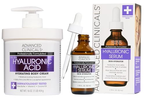 Advanced Clinicals Hyaluronic Acid Moisturizer Body Cream + Hyaluronic Acid Serum 2PC Skin Care Set | Face Serum & Body Lotion Help Diminish Appearance Of Wrinkles, Fine Lines, & Dry Skin, 2PC Bundle