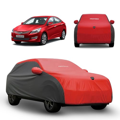 Image of PROTEGO Prime Series India's 1st Anti-Tear Car Cover for Hyundai Fluidic Verna | Heavy-Duty, Custom Fit, All Weather | 100% Waterproof, Windproof & Hail Resistant | 2-Year Warranty | Red + Black