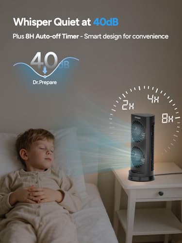 Image of DR.PREPARE Desk Fan USB DC Tower Cooling Fan with Remote Control, DC Motor Portable Oscillating Fan, 3 Speeds, Dual Air Circulation, 110 Oscillation, Table Fan for Bedroom Dorm Room Office Desktop